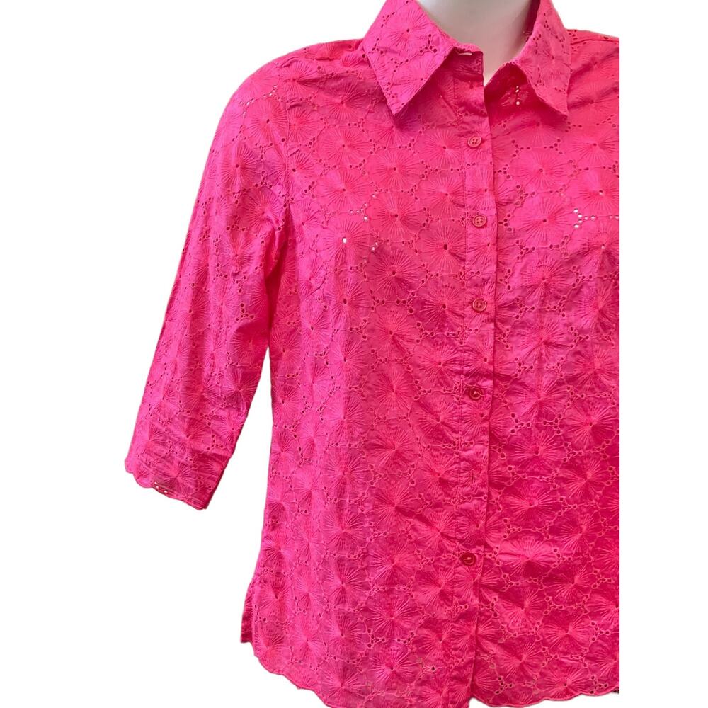 Coldwater Creek Women's Pink Floral Cotton Eyelet Pattern Button-Up Blouse SZ XS - Picture 5 of 9